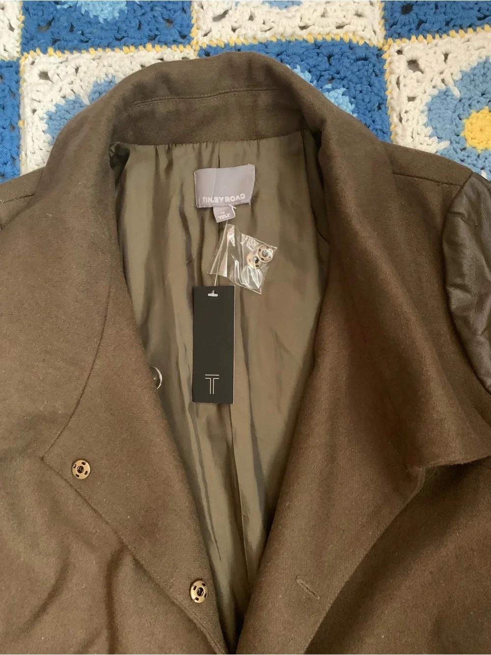 Tinley Road Olive Green Wool Blend Coat with Vegan Leather Sleeves